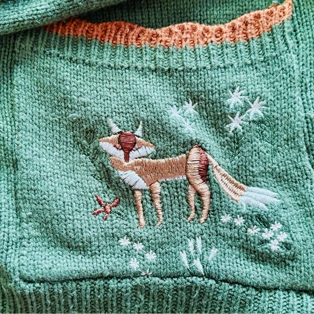 Unbranded Sz L Green and Brown Women's Cardigan with Embroidered Fox Design - Picture 3 of 10